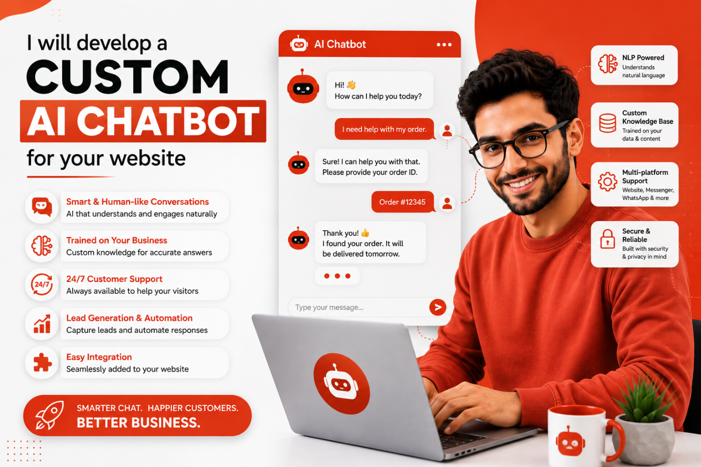 I will develop a custom AI chatbot for your website